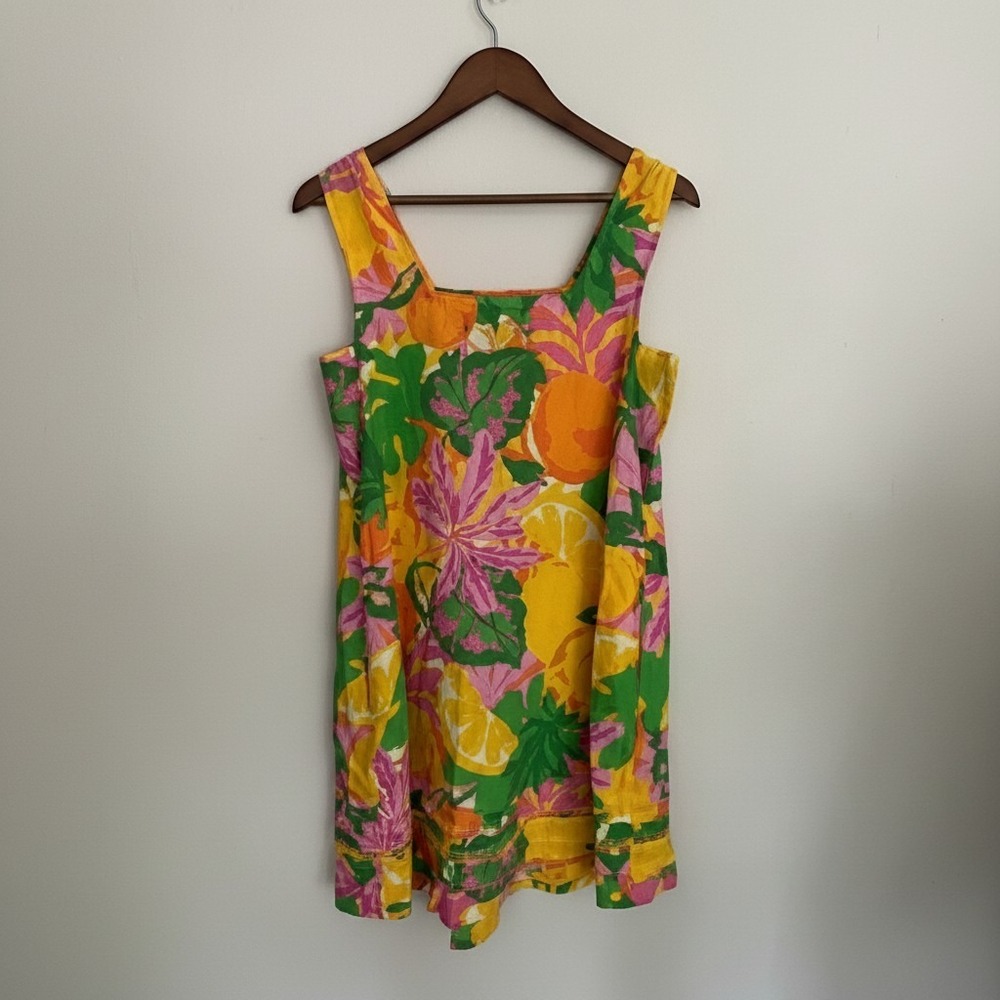 C&C California Citrus Print Linen Blend Mini Shift Dress Tropical Yellow XS